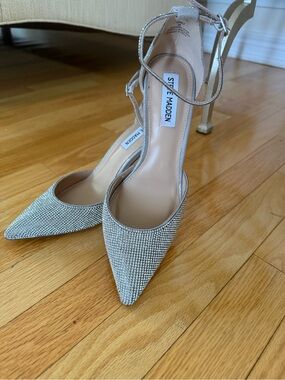 Steve Madden Silver Rhinestone Pointed Ankle-Strap Heels